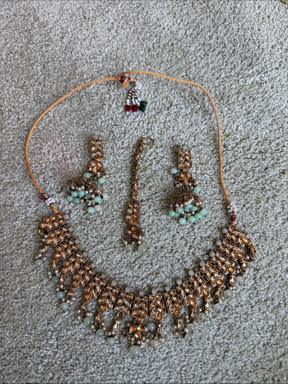 Gold and Mint Jadau Necklace Set - Women Jewelry